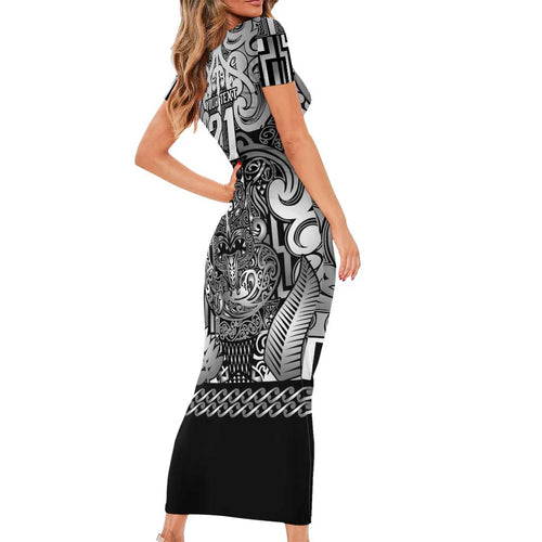 Custom New Zealand Taiaha Maori Short Sleeve Bodycon Dress Kiwikiwi Minimalist Silver Fern Tukutuku Motif