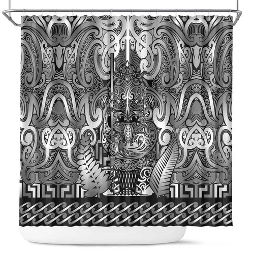 New Zealand Taiaha Maori Shower Curtain Kiwikiwi Minimalist Silver Fern Tukutuku Motif