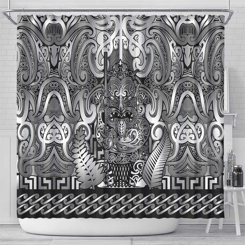 New Zealand Taiaha Maori Shower Curtain Kiwikiwi Minimalist Silver Fern Tukutuku Motif
