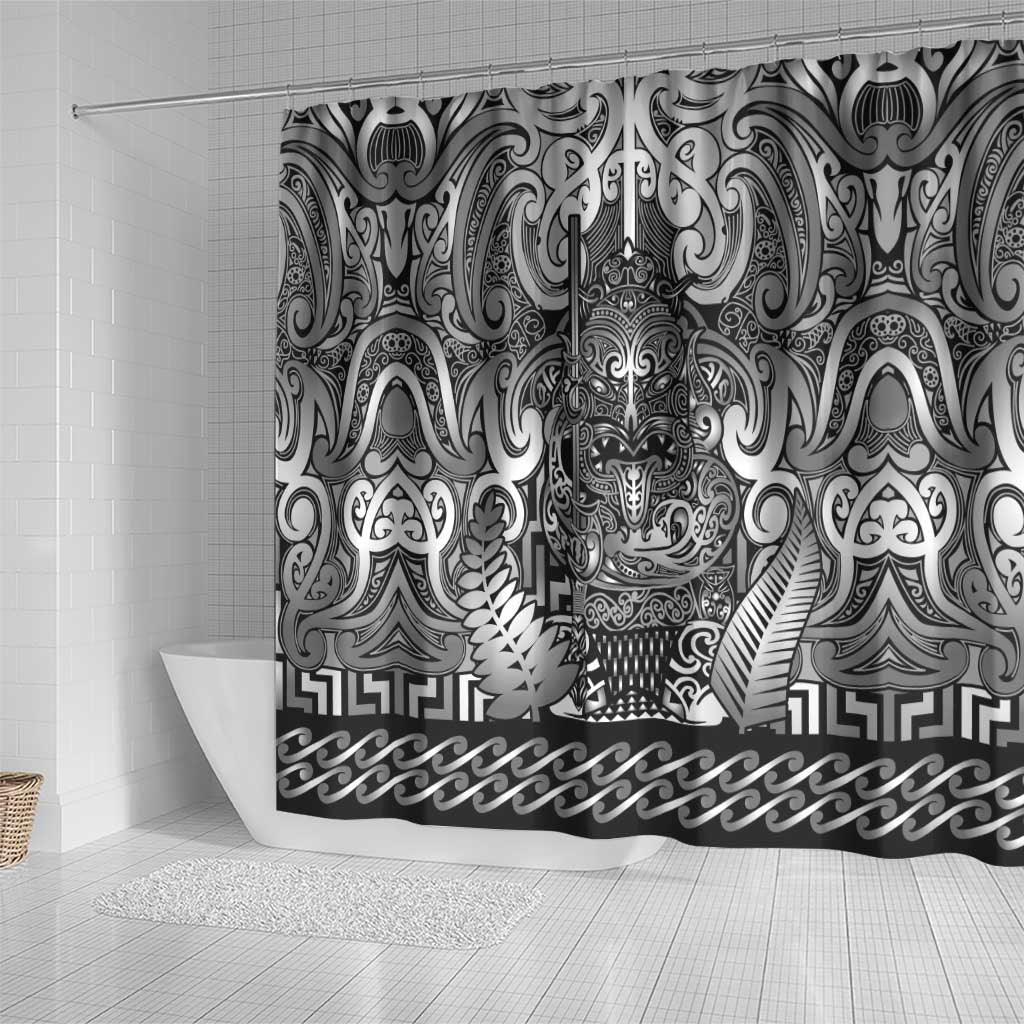 New Zealand Taiaha Maori Shower Curtain Kiwikiwi Minimalist Silver Fern Tukutuku Motif