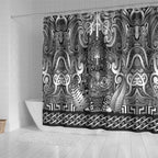 New Zealand Taiaha Maori Shower Curtain Kiwikiwi Minimalist Silver Fern Tukutuku Motif
