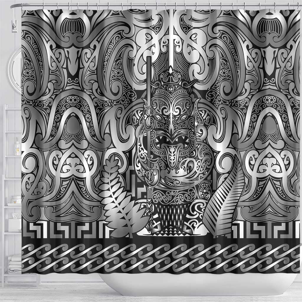 New Zealand Taiaha Maori Shower Curtain Kiwikiwi Minimalist Silver Fern Tukutuku Motif