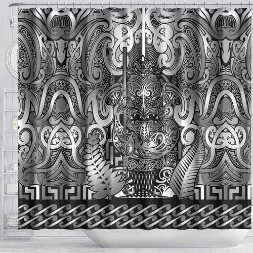 New Zealand Taiaha Maori Shower Curtain Kiwikiwi Minimalist Silver Fern Tukutuku Motif