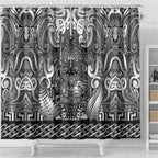 New Zealand Taiaha Maori Shower Curtain Kiwikiwi Minimalist Silver Fern Tukutuku Motif