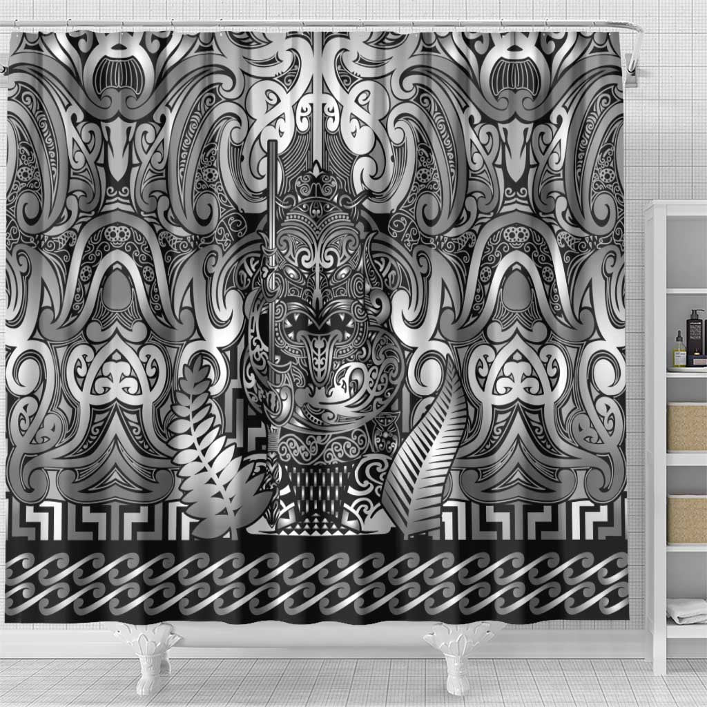 New Zealand Taiaha Maori Shower Curtain Kiwikiwi Minimalist Silver Fern Tukutuku Motif
