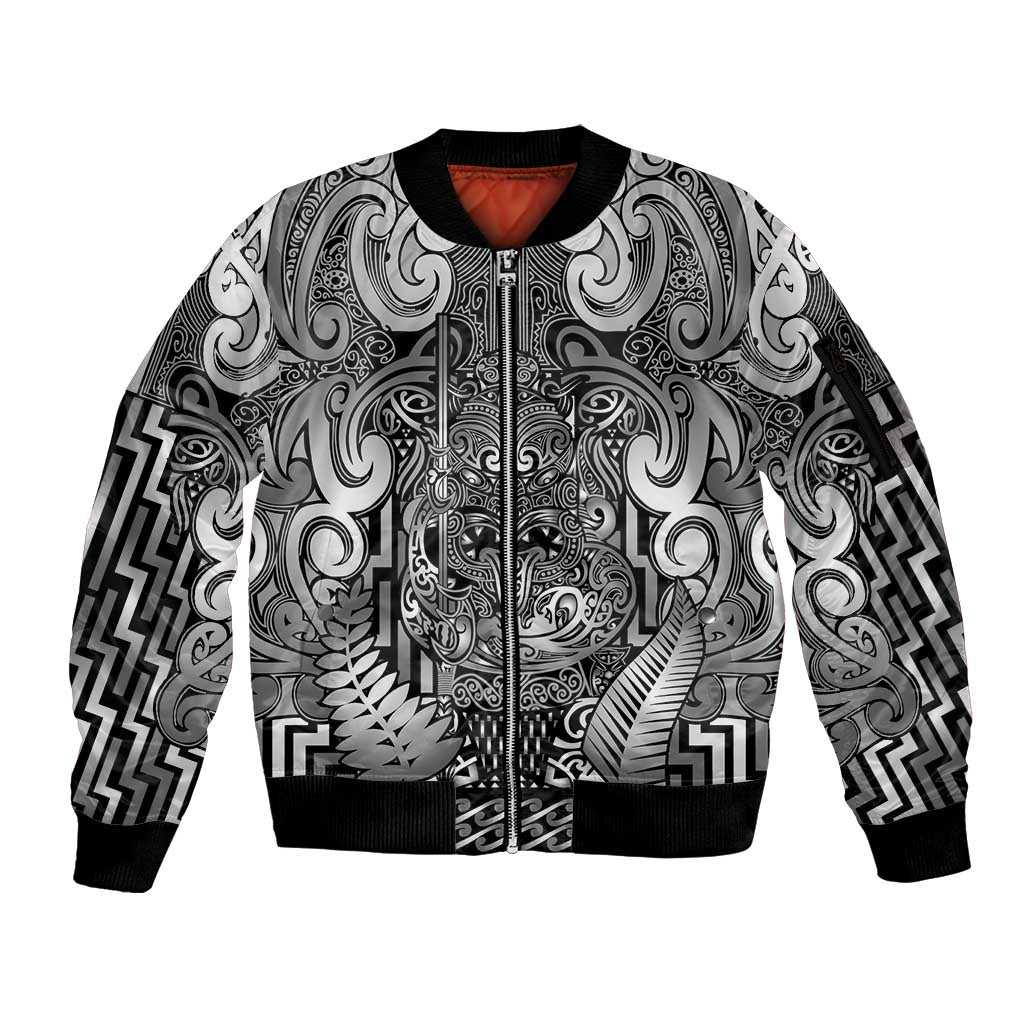 Custom New Zealand Taiaha Maori Sleeve Zip Bomber Jacket Kiwikiwi Minimalist Silver Fern Tukutuku Motif