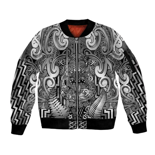 Custom New Zealand Taiaha Maori Sleeve Zip Bomber Jacket Kiwikiwi Minimalist Silver Fern Tukutuku Motif