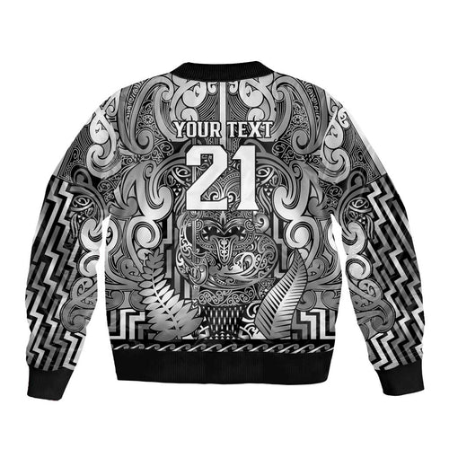 Custom New Zealand Taiaha Maori Sleeve Zip Bomber Jacket Kiwikiwi Minimalist Silver Fern Tukutuku Motif