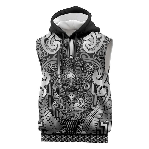 Custom New Zealand Taiaha Maori Sleeveless Hoodie Kiwikiwi Minimalist Silver Fern Tukutuku Motif