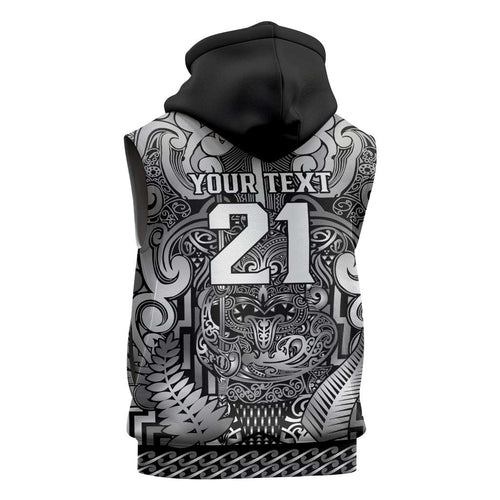 Custom New Zealand Taiaha Maori Sleeveless Hoodie Kiwikiwi Minimalist Silver Fern Tukutuku Motif