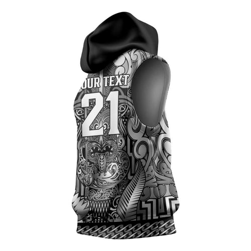Custom New Zealand Taiaha Maori Sleeveless Hoodie Kiwikiwi Minimalist Silver Fern Tukutuku Motif