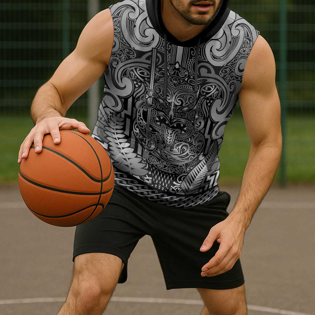 Custom New Zealand Taiaha Maori Sleeveless Hoodie Kiwikiwi Minimalist Silver Fern Tukutuku Motif