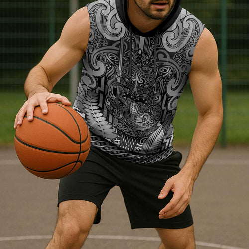 Custom New Zealand Taiaha Maori Sleeveless Hoodie Kiwikiwi Minimalist Silver Fern Tukutuku Motif