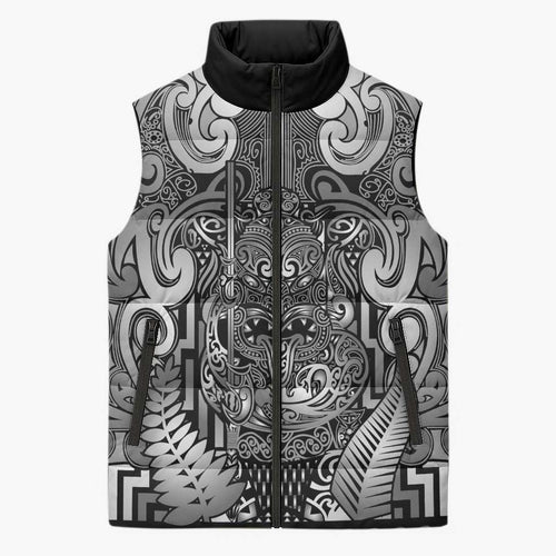 Custom New Zealand Taiaha Maori Sleeveless Puffer Jacket Kiwikiwi Minimalist Silver Fern Tukutuku Motif