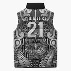 Custom New Zealand Taiaha Maori Sleeveless Puffer Jacket Kiwikiwi Minimalist Silver Fern Tukutuku Motif