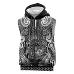 Custom New Zealand Taiaha Maori Sleeveless Zip Hoodie Kiwikiwi Minimalist Silver Fern Tukutuku Motif
