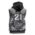 Custom New Zealand Taiaha Maori Sleeveless Zip Hoodie Kiwikiwi Minimalist Silver Fern Tukutuku Motif