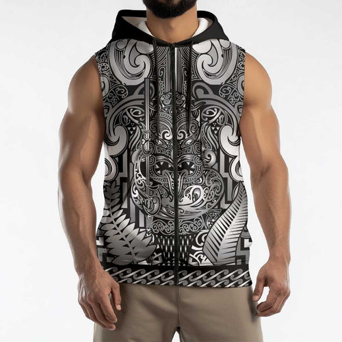 Custom New Zealand Taiaha Maori Sleeveless Zip Hoodie Kiwikiwi Minimalist Silver Fern Tukutuku Motif