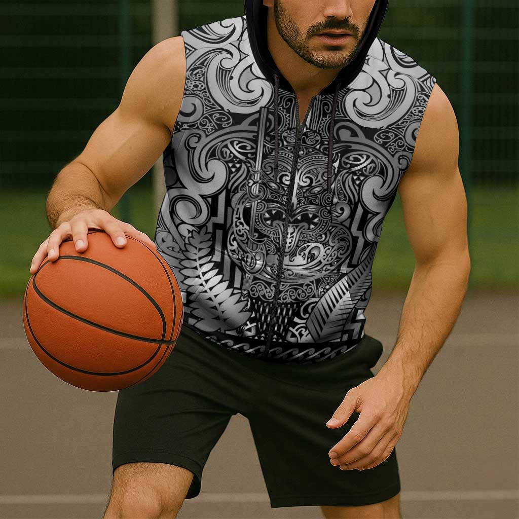 Custom New Zealand Taiaha Maori Sleeveless Zip Hoodie Kiwikiwi Minimalist Silver Fern Tukutuku Motif