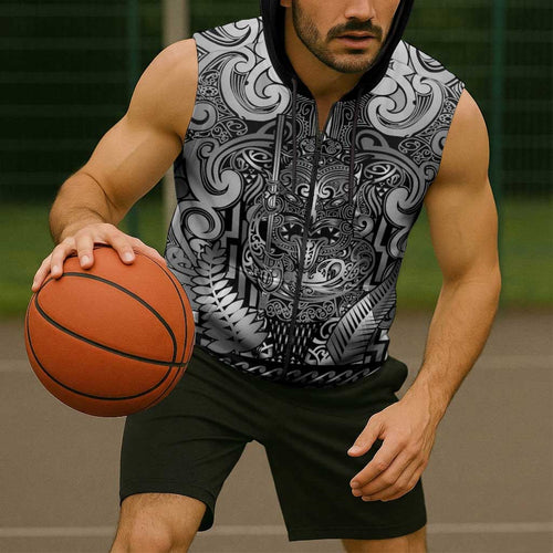 Custom New Zealand Taiaha Maori Sleeveless Zip Hoodie Kiwikiwi Minimalist Silver Fern Tukutuku Motif