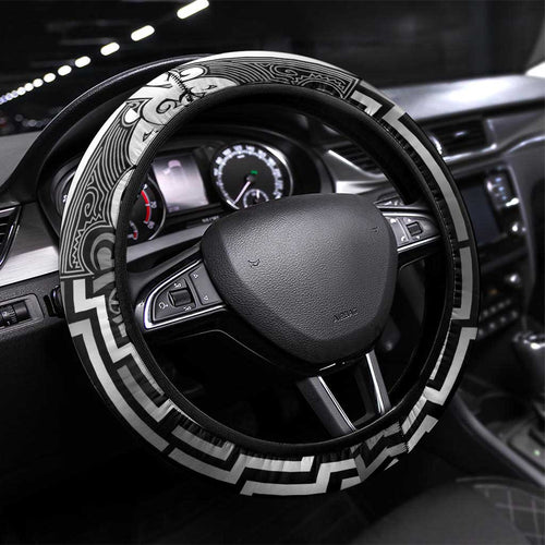 New Zealand Taiaha Maori Steering Wheel Cover Kiwikiwi Minimalist Silver Fern Tukutuku Motif