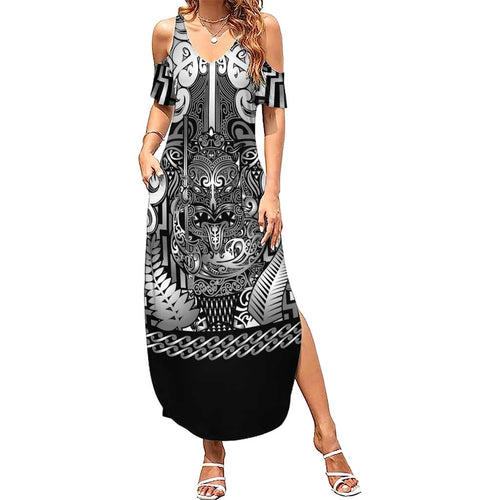 Custom New Zealand Taiaha Maori Summer Maxi Dress Kiwikiwi Minimalist Silver Fern Tukutuku Motif