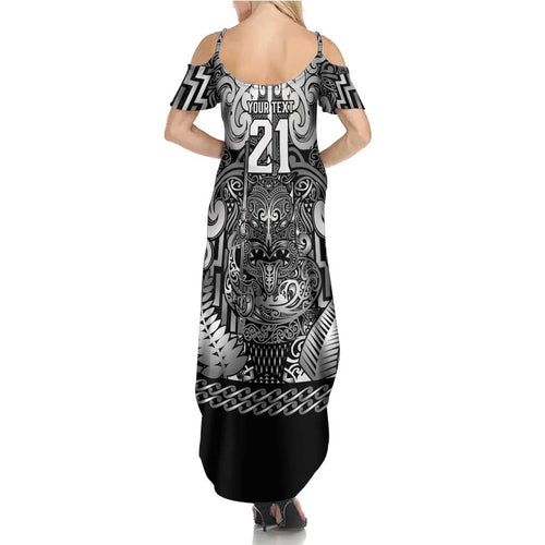 Custom New Zealand Taiaha Maori Summer Maxi Dress Kiwikiwi Minimalist Silver Fern Tukutuku Motif