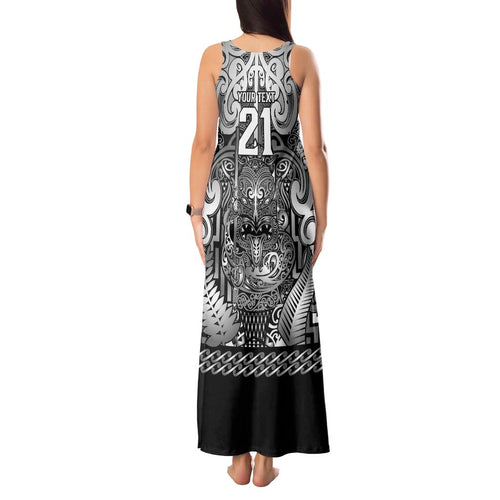 Custom New Zealand Taiaha Maori Tank Maxi Dress Kiwikiwi Minimalist Silver Fern Tukutuku Motif