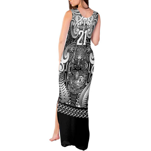 Custom New Zealand Taiaha Maori Tank Maxi Dress Kiwikiwi Minimalist Silver Fern Tukutuku Motif