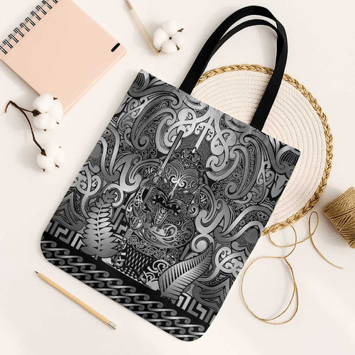 New Zealand Taiaha Maori Tote Bag Kiwikiwi Minimalist Silver Fern Tukutuku Motif
