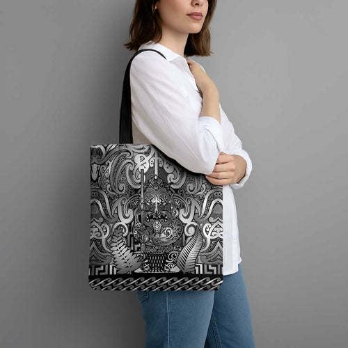 New Zealand Taiaha Maori Tote Bag Kiwikiwi Minimalist Silver Fern Tukutuku Motif