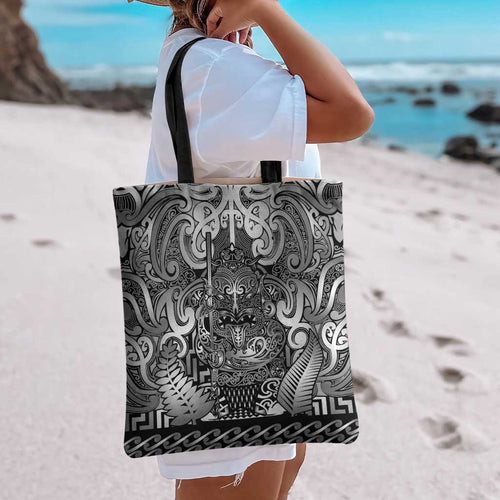 New Zealand Taiaha Maori Tote Bag Kiwikiwi Minimalist Silver Fern Tukutuku Motif