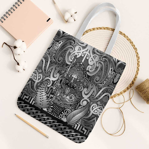 New Zealand Taiaha Maori Tote Bag Kiwikiwi Minimalist Silver Fern Tukutuku Motif