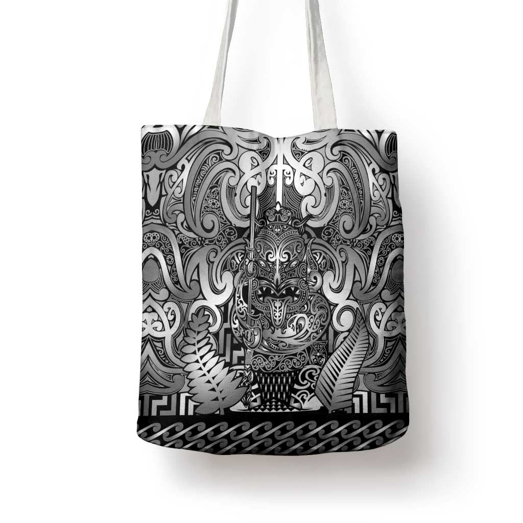 New Zealand Taiaha Maori Tote Bag Kiwikiwi Minimalist Silver Fern Tukutuku Motif