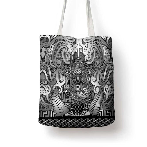 New Zealand Taiaha Maori Tote Bag Kiwikiwi Minimalist Silver Fern Tukutuku Motif