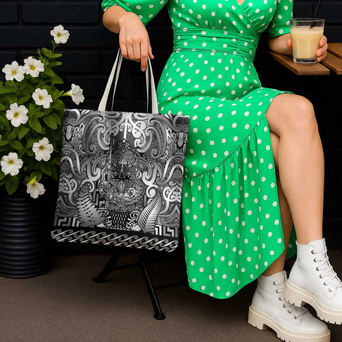 New Zealand Taiaha Maori Tote Bag Kiwikiwi Minimalist Silver Fern Tukutuku Motif