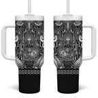 Custom New Zealand Taiaha Maori Tumbler With Handle Kiwikiwi Minimalist Silver Fern Tukutuku Motif