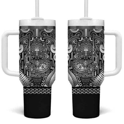 Custom New Zealand Taiaha Maori Tumbler With Handle Kiwikiwi Minimalist Silver Fern Tukutuku Motif