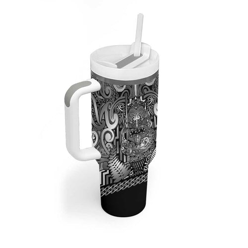 Custom New Zealand Taiaha Maori Tumbler With Handle Kiwikiwi Minimalist Silver Fern Tukutuku Motif