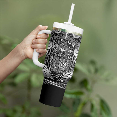 Custom New Zealand Taiaha Maori Tumbler With Handle Kiwikiwi Minimalist Silver Fern Tukutuku Motif