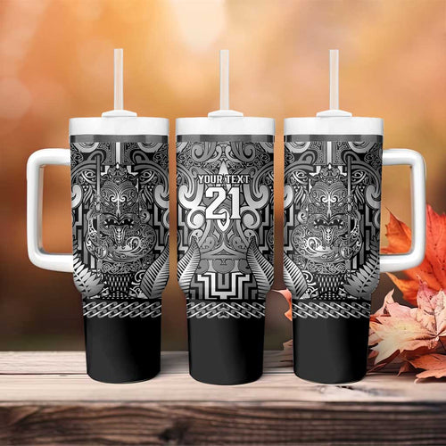 Custom New Zealand Taiaha Maori Tumbler With Handle Kiwikiwi Minimalist Silver Fern Tukutuku Motif