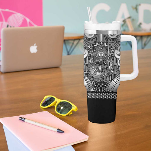 Custom New Zealand Taiaha Maori Tumbler With Handle Kiwikiwi Minimalist Silver Fern Tukutuku Motif