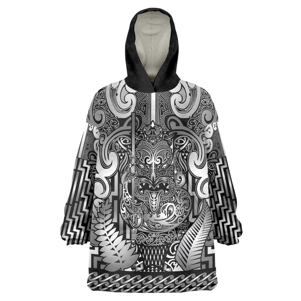 Custom New Zealand Taiaha Maori Wearable Blanket Hoodie Kiwikiwi Minimalist Silver Fern Tukutuku Motif