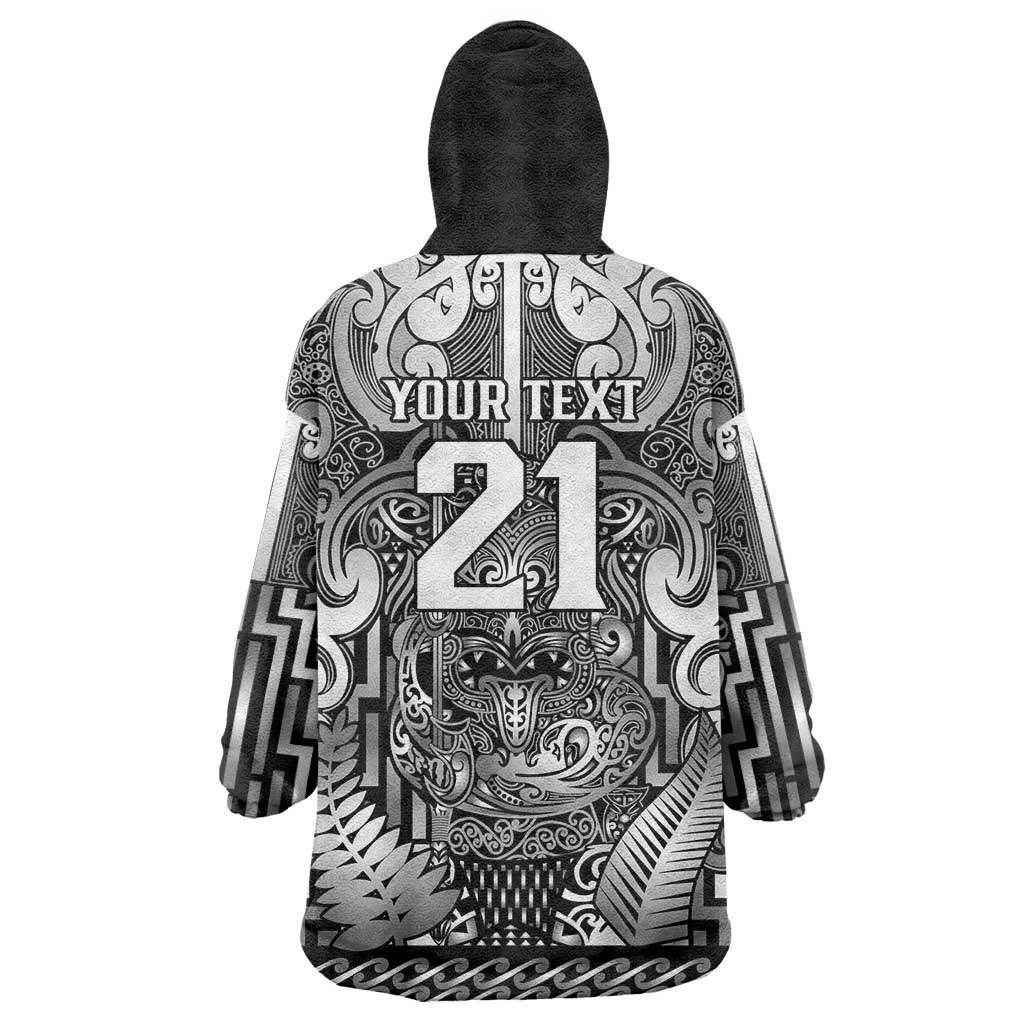 Custom New Zealand Taiaha Maori Wearable Blanket Hoodie Kiwikiwi Minimalist Silver Fern Tukutuku Motif