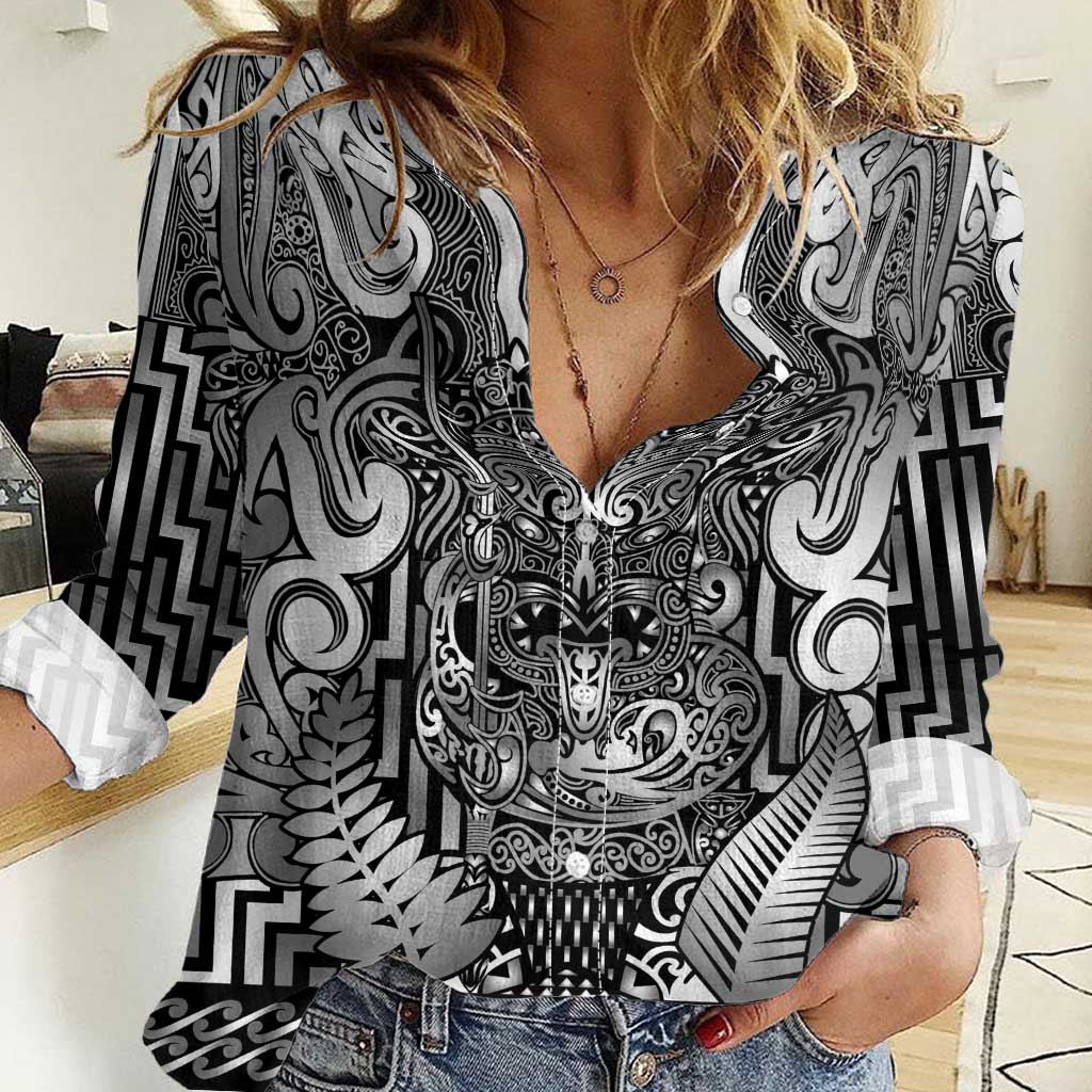 Custom New Zealand Taiaha Maori Women Casual Shirt Kiwikiwi Minimalist Silver Fern Tukutuku Motif