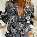 Custom New Zealand Taiaha Maori Women Casual Shirt Kiwikiwi Minimalist Silver Fern Tukutuku Motif