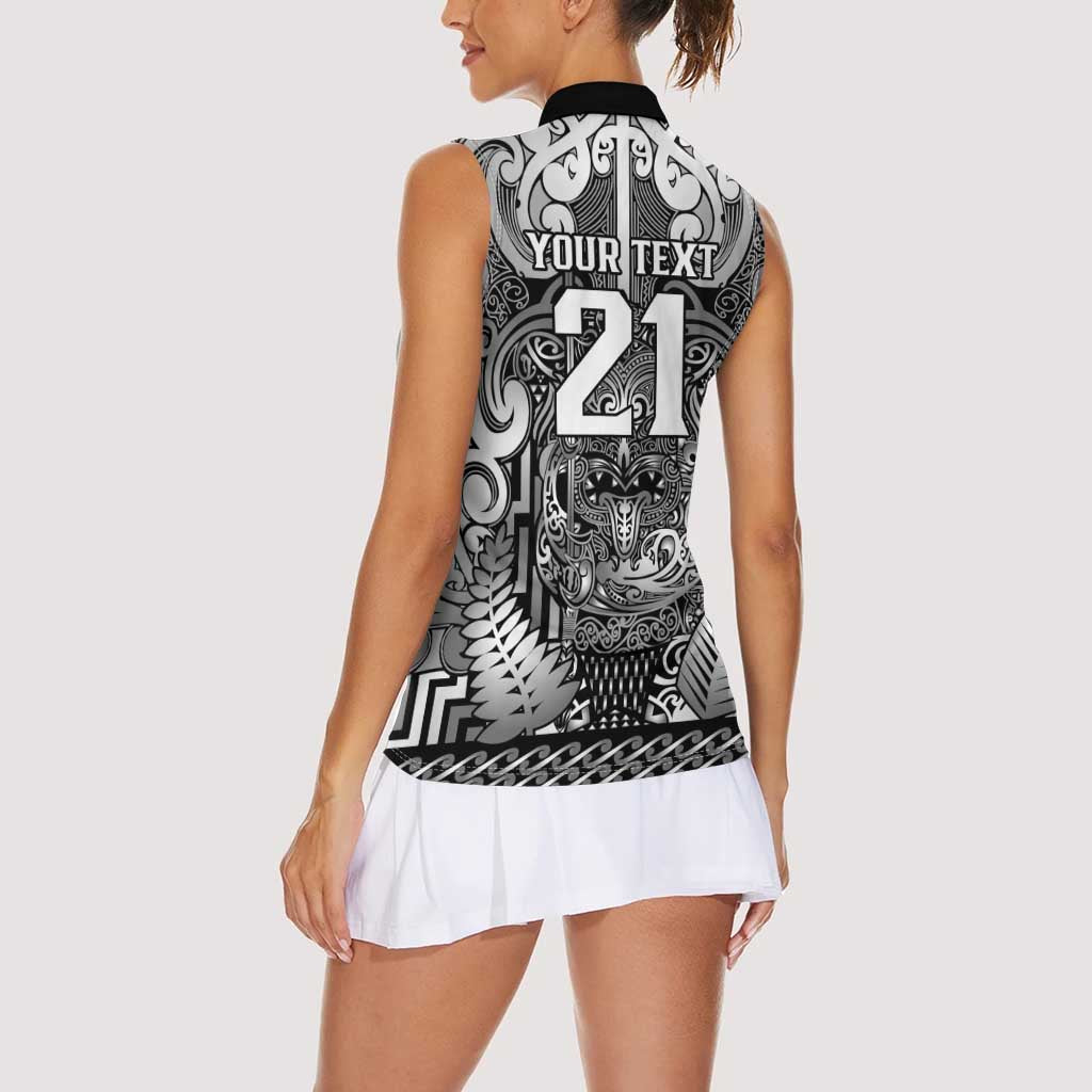 Custom New Zealand Taiaha Maori Women Sleeveless Polo Shirt Kiwikiwi Minimalist Silver Fern Tukutuku Motif