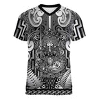 Custom New Zealand Taiaha Maori Women V-Neck T-Shirt Kiwikiwi Minimalist Silver Fern Tukutuku Motif