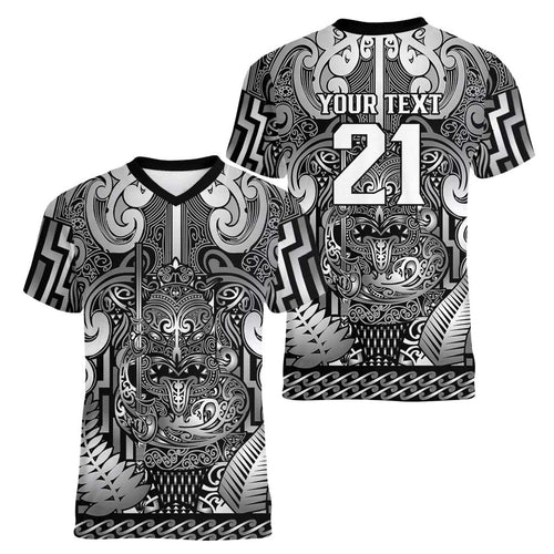 Custom New Zealand Taiaha Maori Women V-Neck T-Shirt Kiwikiwi Minimalist Silver Fern Tukutuku Motif