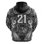 Custom New Zealand Taiaha Maori Zip Hoodie Kiwikiwi Minimalist Silver Fern Tukutuku Motif